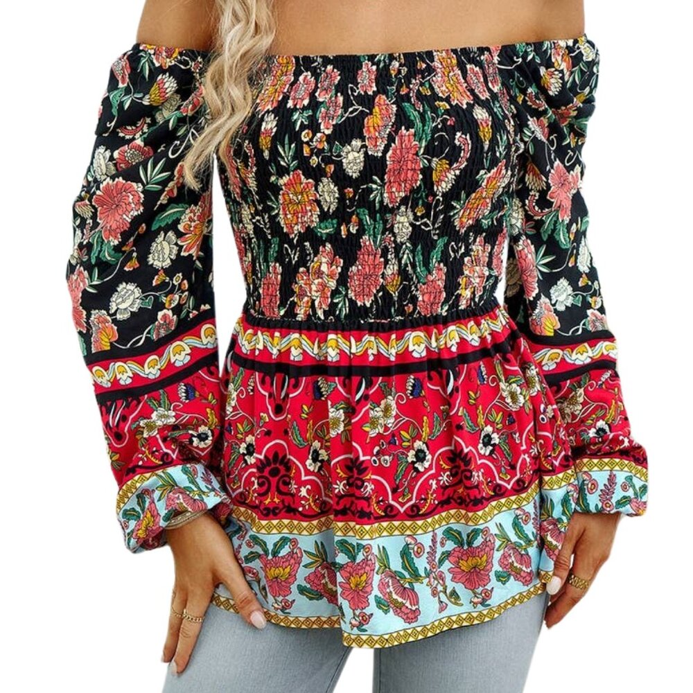 Floral Print Sq Neck Shoulder Blouse On Or Off Shoulder S-XL Black, Red, Aqua
